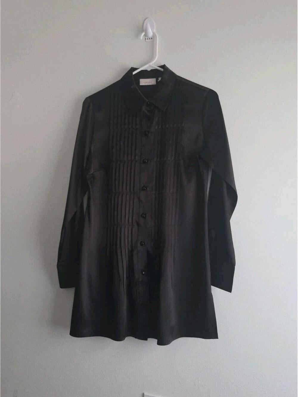 Chico's Sz 0 Small Pleated Sateen BLACK Luxury Satin Tunic Shirt Top Lux